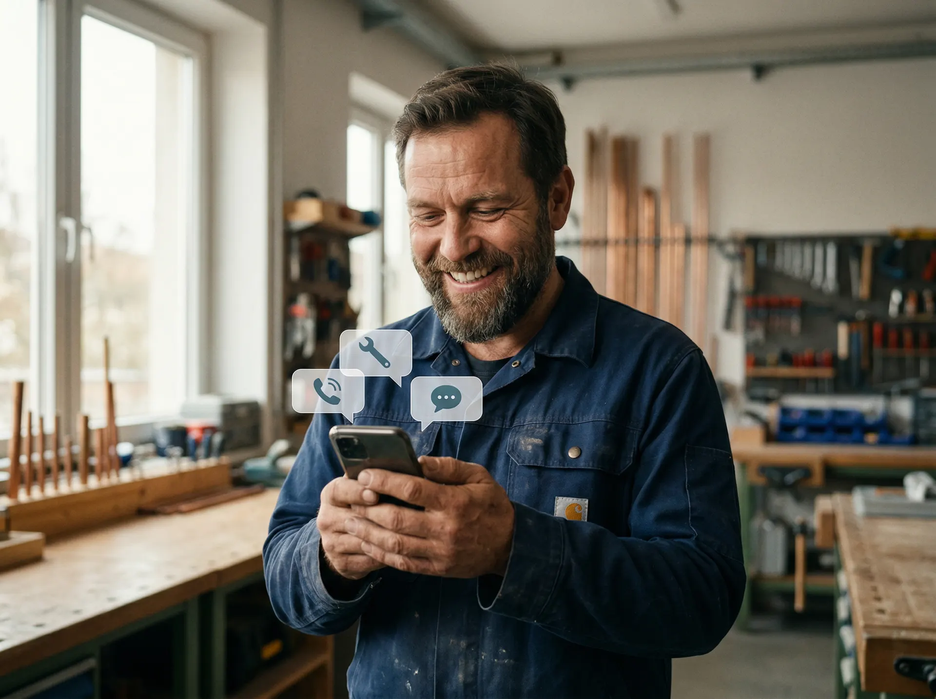 Handwerker freut sich über neue Anfragen auf dem Smartphone