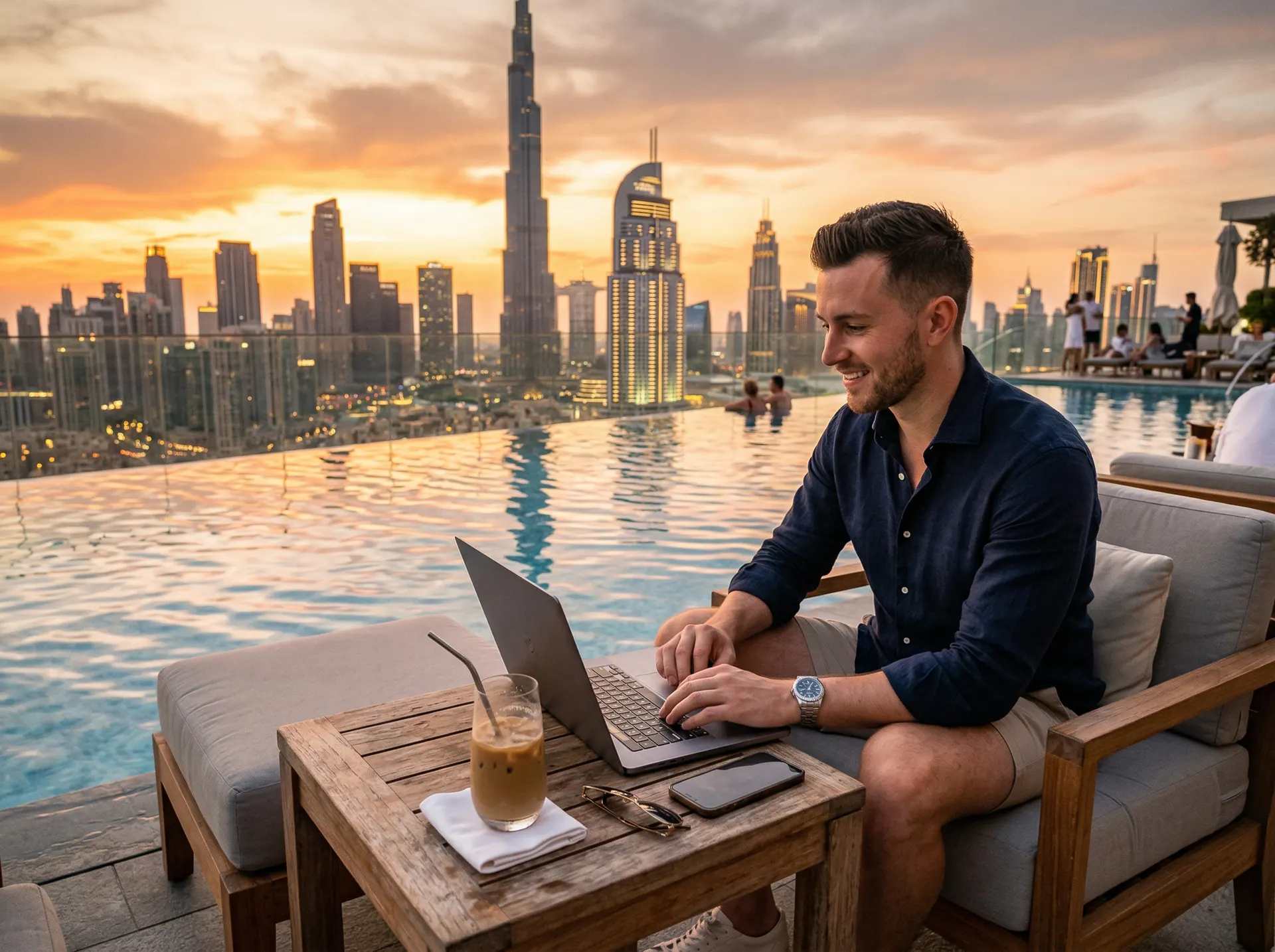 Gründer arbeitet am Pool in Dubai