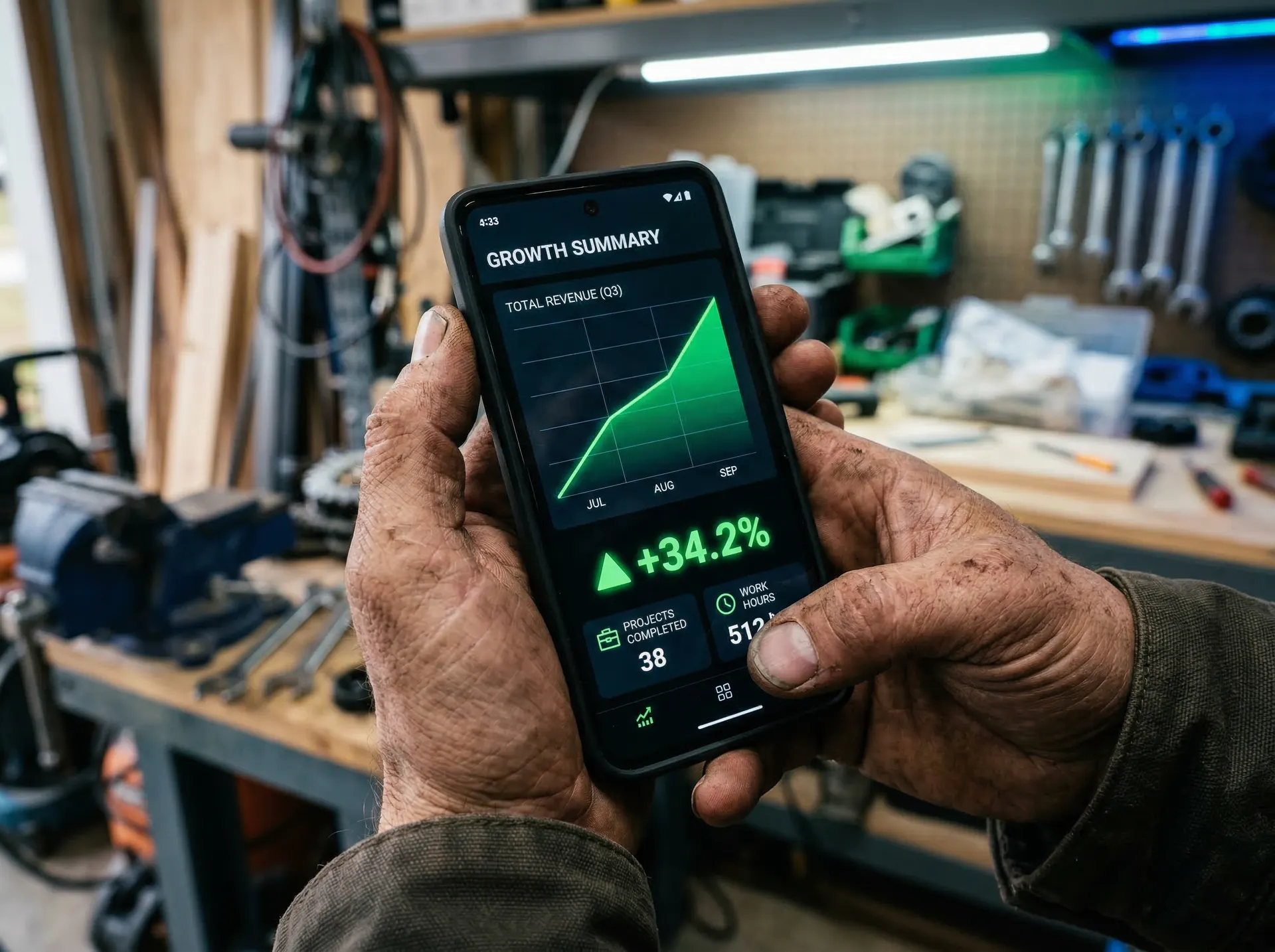 Handwerker analysiert steigende Kampagnenergebnisse auf Smartphone