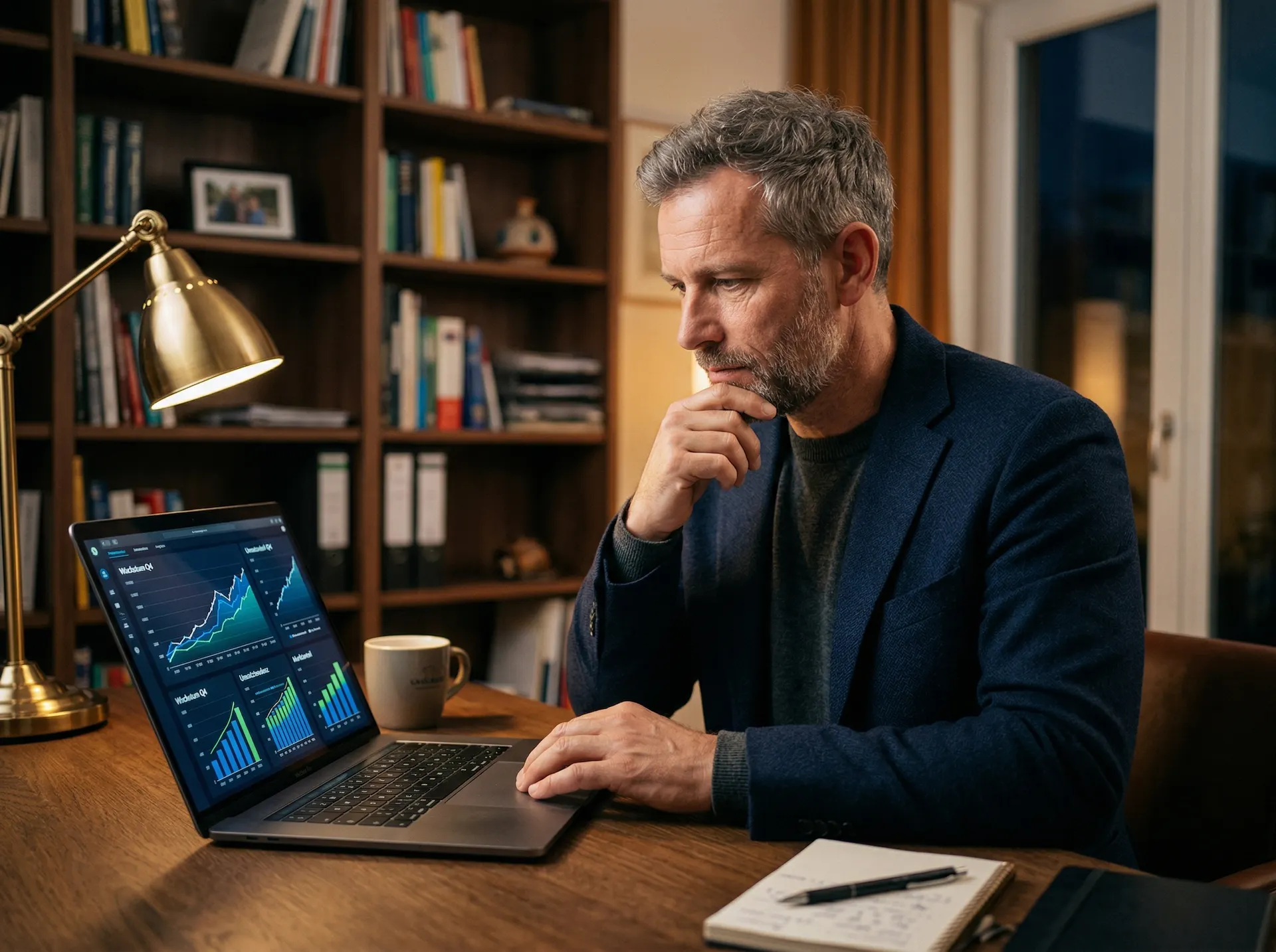 Unternehmer analysiert Kampagnendaten auf Laptop